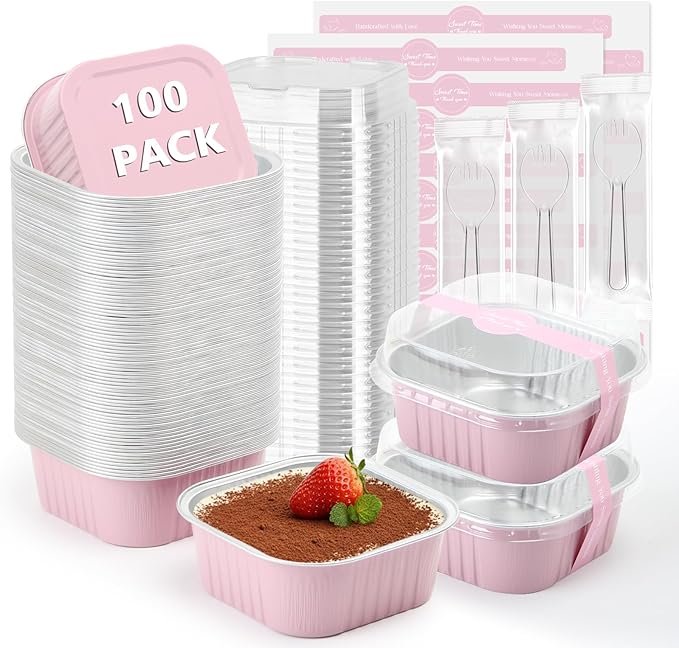 Ruckae 10oz 100 Pcs Square Mini Loaf Pans with Lids-Disposable Foil Dessert Containers,Mini Cake Pans with Lids,Aluminum Dessert Cups for Parties and Weddings (Pink, 10oz)