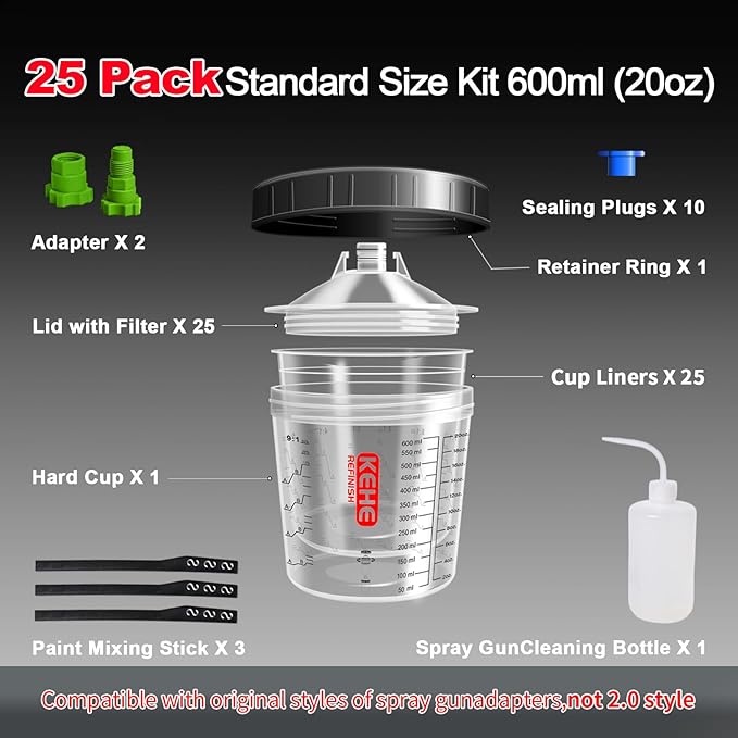 Disposable Paint Cups for Spray Gun,Mixing Cups 20 Ounce (600ml) Kit with 25 Cups and Lids with Strainer System for HVLP&LVLP,1 Hard Cup with Retainer Ring,10 Plugs,2 Adapters,3 Mixing Sticks