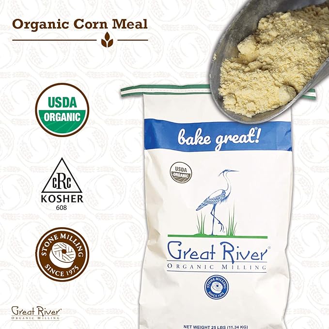 Great River Milling Organic Gluten Free Medium Grind Corn Meal | Hearty Texture for Cornbread, Polenta, Muffins, Pancakes & Baking | USDA Organic, Non-GMO, Kosher | 25 Lb (Pack of 1)