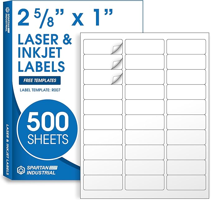 2 5/8" X 1" Matte White Printable Labels for Inkjet and Laser Printers - 500 Sheets, 15,000 Total Custom Stickers for Address Labels, Mailing, Barcodes - Spartan Industrial Template R007