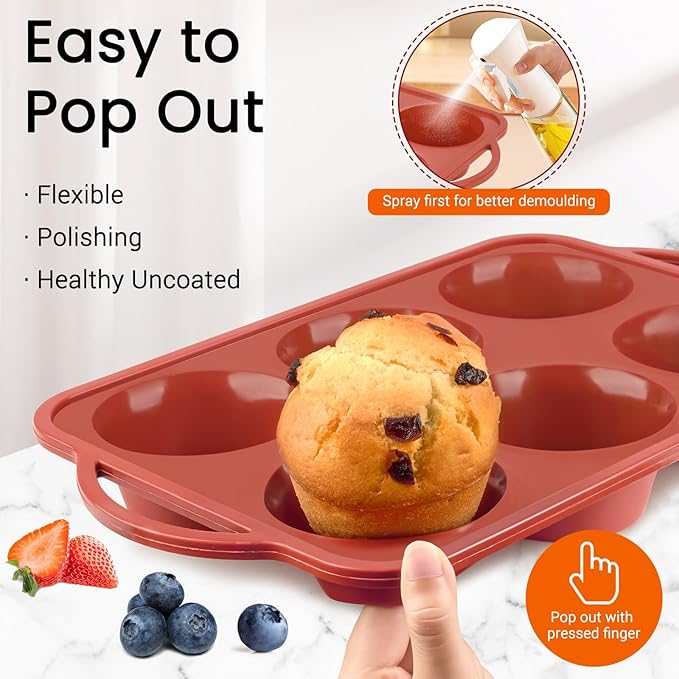 JOERSH Jumbo Muffin Pan with Metal Frame, 6 Cup Large Cupcake Mold with Handles, Non-Stick Silicone Baking Tray for Jumbo Muffin, Cupcake, Egg Bite