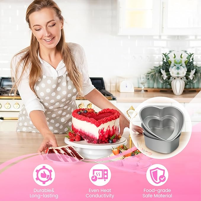 3 Pack 8 Inch Heart Shaped Cake Pans, Durable Anodized Aluminum Heart Cake Pans, Ideal for DIY, Birthdays & Weddings, Baking Pans Chiffon Cake Mold for Oven Baking(8" Removable Bottom)