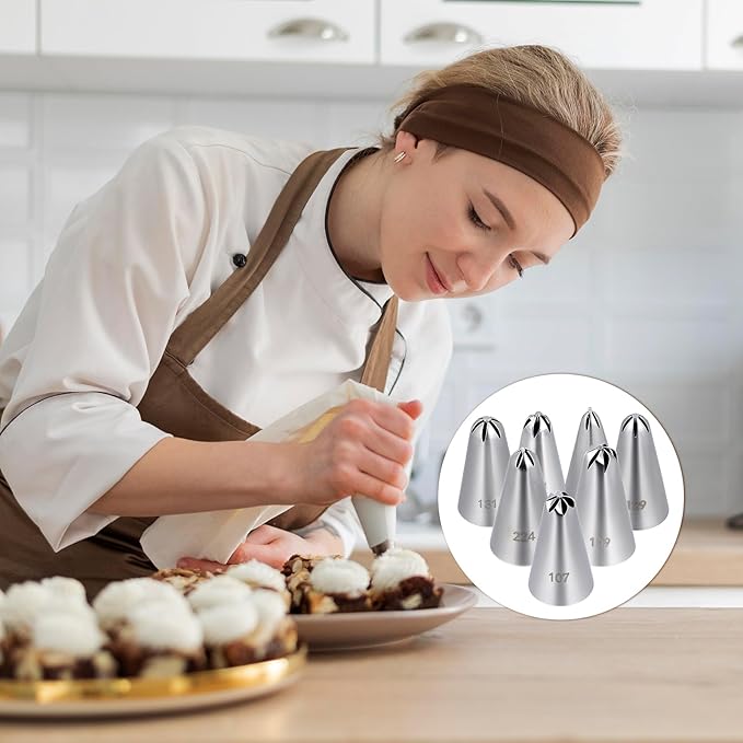 7 Pcs Drop Flower Piping Tips Set, 107, 109, 129, 131, 191, 224, 225 Stainless Steel Icing Tip for Swirl, Rosette, Cake Cookie Decorating Floral Patterns