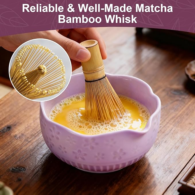 Matcha Set, 9 Pcs Ceramic Matcha Set Includes Bowl, Whisk and Holder, Bamboo Scoop, Scoop Rest, Sifter and Tea Towel ect- Complete Kit for Traditional Matcha, Modern Lattes (Purple)