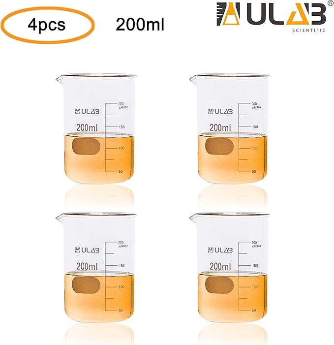 ULAB Scientific Glass Beakers, Vol. 200ml, 3.3 Borosilicate Griffin Low Form with Printed Graduation, Pack of 4, UBG1032