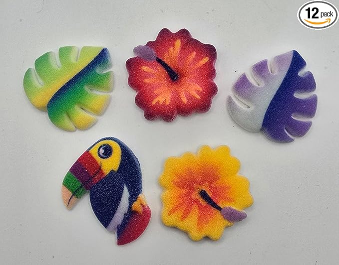 Tropical Plants and Toucan Shape Edible Sugar Decoration Toppers, 12 Count