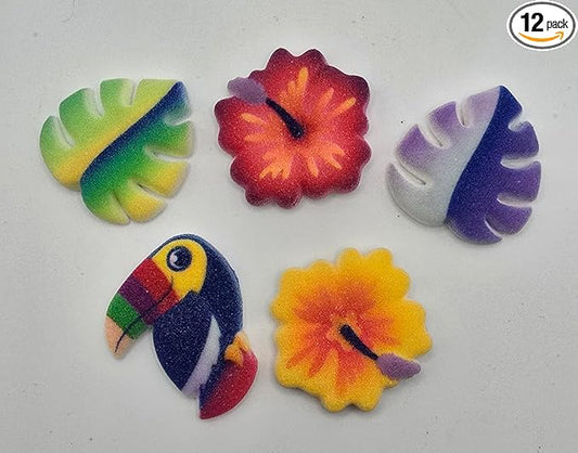 Tropical Plants and Toucan Shape Edible Sugar Decoration Toppers, 12 Count