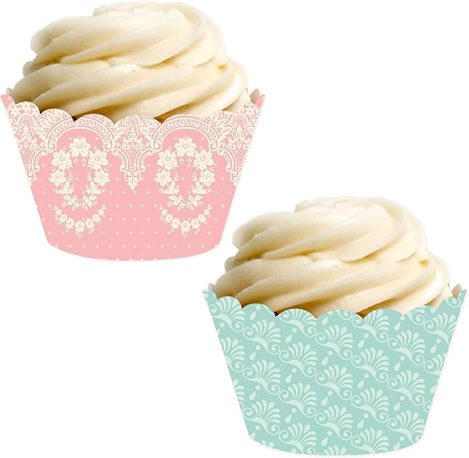 Andaz Press Party Cupcake Wrapper Decorations, Tea Party Pink and Blue Lace, 24-Pack, Theme Colored Bulk Cake Supplies