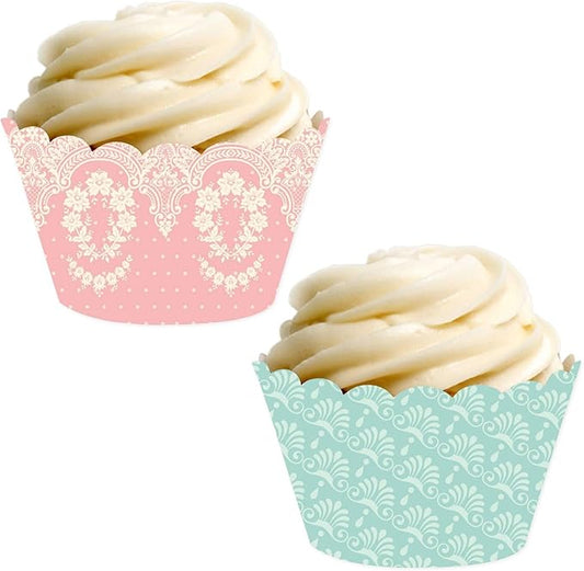 Andaz Press Party Cupcake Wrapper Decorations, Tea Party Pink and Blue Lace, 24-Pack, Theme Colored Bulk Cake Supplies