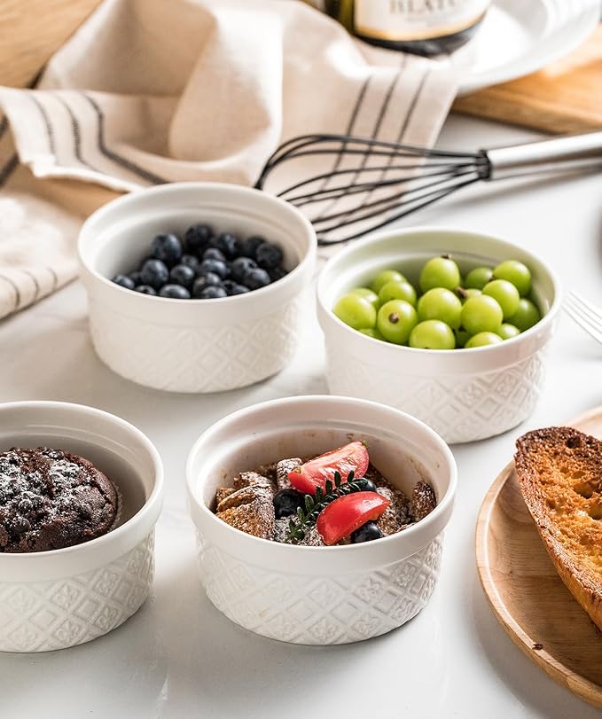 Ramekins 12 oz, Ramekin for Creme Brulee, Souffle, Dipping Sauce, Ceramic Embossment Housewarming Gift - 4.5 inch, Set of 4, Arctic White