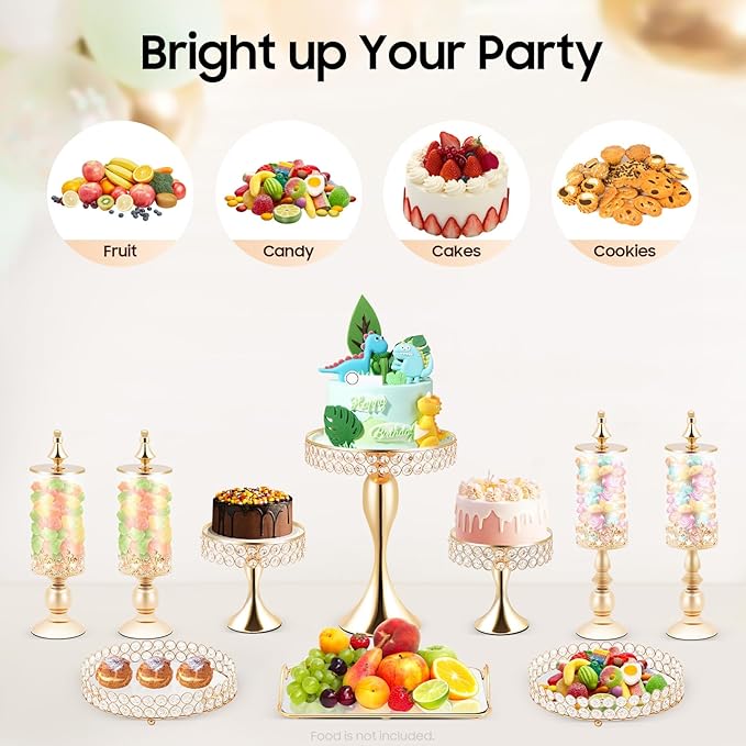 Pack of 10 Cake Stand Set with 4 x Candy Jars, 3 x Cake Stands, 2 x Round Cake Trays, 1 x Serving Tray, Dessert Table Display Set with Crystal Beads for Birthday Baby Bridal Shower Party
