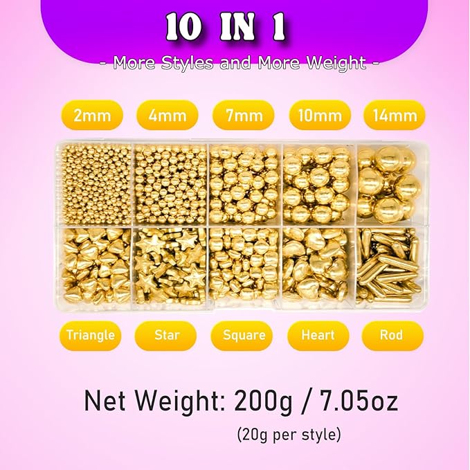 HIFUNBK Gold Sprinkles and Precision Applicator Kit, 10 in 1 Mixed Metallic Golden Baking Decorating Set with Sugar Pearl Tweezers for Cake Decoration, 200g (Gold)