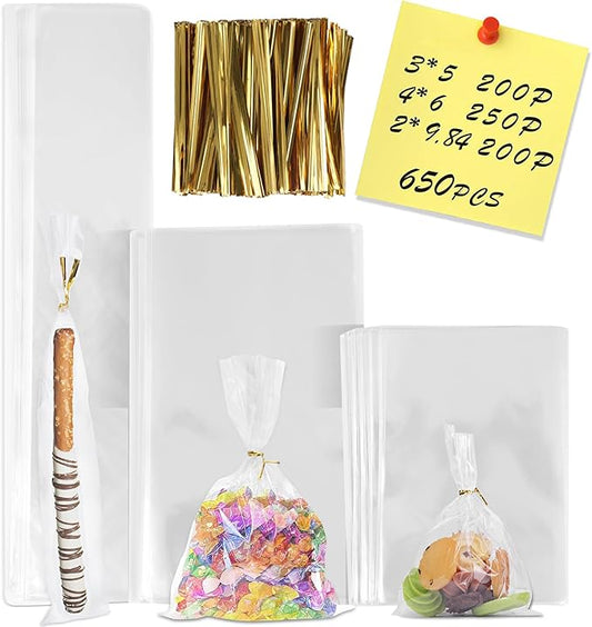 NEOACT 650 PCS Clear Flat Cellophane Treat Bags with 3x5,4x6,9.84 * 2", Treat Bags with Ties are Good for Pretzel Rods,Bakery, Cookies, Candies,Dessert.