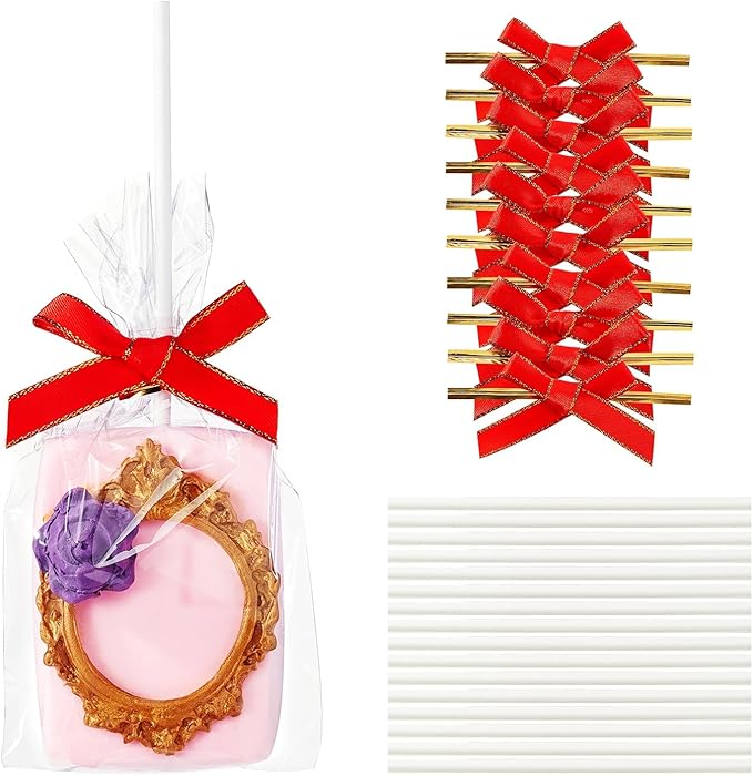 RomanticBaking 50 Sets Clear Rice Krispie Treat Bags with Red Ribbon Bow and Stick & Flat Cellophane Clear Bags for Rice Krispie Treats Gift Giving Bag(Red)