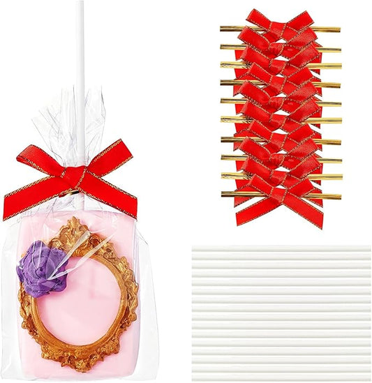 RomanticBaking 50 Sets Clear Rice Krispie Treat Bags with Red Ribbon Bow and Stick & Flat Cellophane Clear Bags for Rice Krispie Treats Gift Giving Bag(Red)