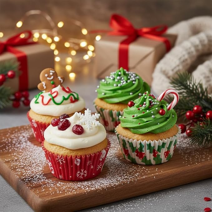 400 Pcs Christmas Cupcake Liners, 2.75 Inch Baking Cups with Holiday Snowflake & Tree Patterns, Assorted Color Muffin Liners for Xmas Party, Baking & Decorations