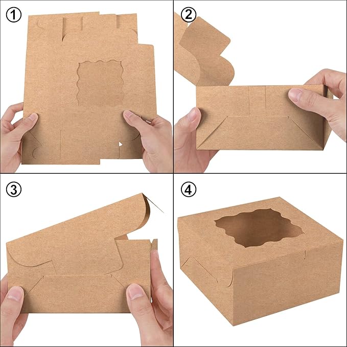 Moretoes 24pcs Bakery Boxes, 6x6x3in Brown Cookie Boxes, Mini Cake Boxes with Window Included Parchment Paper and Stickers, Pastry Boxes for Party, Wedding, Birthday Day
