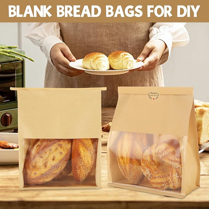 QTLCOHD 100 Pcs Bakery Bags with Window - 8.2 x 3.9 x 9.4 Inch Tin Tie Tab Lock Sourdough Paper Bread Bags for Homemade Bread, Cookie, Pastry, Treat Packaging, Brown