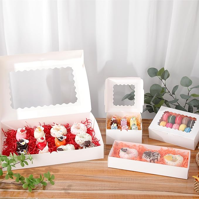 10-Pack 16x11x2.5 Inches Cookie Boxes with Window,White Bakery Boxes Auto-Popup Cake Boxes,Muffins,Cookies Boxes with PVC Window Hold 12 Donuts