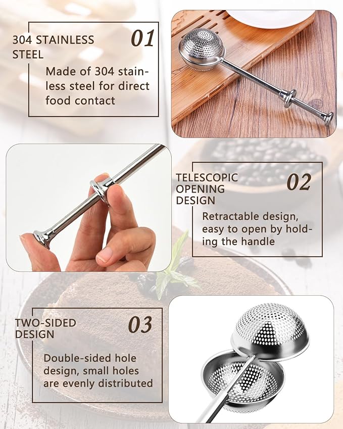 2 PCS Flour Sifter, Loose Tea Diffuser Portable Tea Strainer with Handle Tea Filter Powder Sugar Shaker Sifter Duster Baker's Dusting Wand Dispenser for Flour Spices Flour Sprinkler for Bread Baking