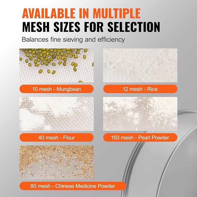 VEVOR Flour Sieve Fine Mesh, 40 Mesh Sifter, 304 Stainless Steel Sifter Food-grade, Dia. 12.6" Fine Mesh Strainers for Baking, 5 Sizes Mesh hole for Mungbean, Rice, Flour, Pearl Powder