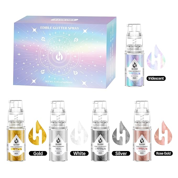 Edible Glitter Spray Set - 5 Colors Iridescent Gold, Silver, White & Rose Gold Food Grade Shimmer Powder, Metallic Edible Spray Glitter for Cakes, Cookies, Chocolate & Strawberries, 5g/Bottle