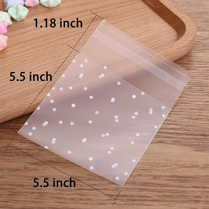 100pcs Self Sealing Cookie Bags,Polka Dot Cellophane Bags with Thank You Stickers (5"x5")