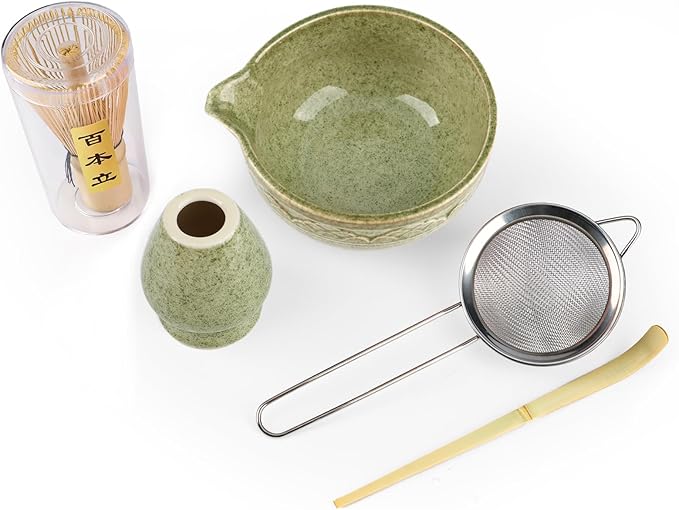 Japanese Matcha Whisk Set, 5-Piece Ceramic Bamboo Whisk Kit, Chawan Bowl 560ml/18.9oz | Complete Set for Traditional Matcha Making at Home, Ideal Gift for Tea Lovers (Green)