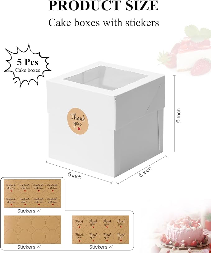COTOPHER 5Pcs 6x6x6 Inches Mini Cake Boxes, Square Bakery Boxes with Window, Cake Containers for Pastries, Cookies, Chocolates, Cupcakes, Birthday Party Cake Decorating Supplies for Gift Giving