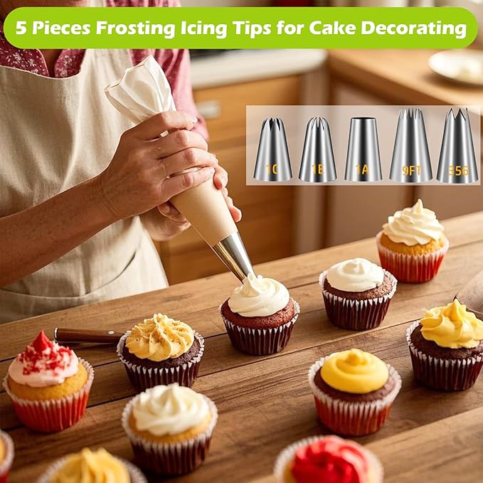 Suuker Large Piping Tips Set, Stainless Steel Cake Decorating Tips, 5 Pieces Frosting Icing Tips for Cake Decorating, Cupcakes, Cookie (1A 1E 1C 9FT 356)