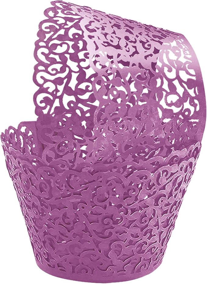 GOLF 100Pcs Cupcake Wrappers Artistic Bake Cake Paper Filigree Little Vine Lace Laser Cut Liner Baking Cup Wraps Muffin CaseTrays for Wedding Party Birthday Decoration (Purple)