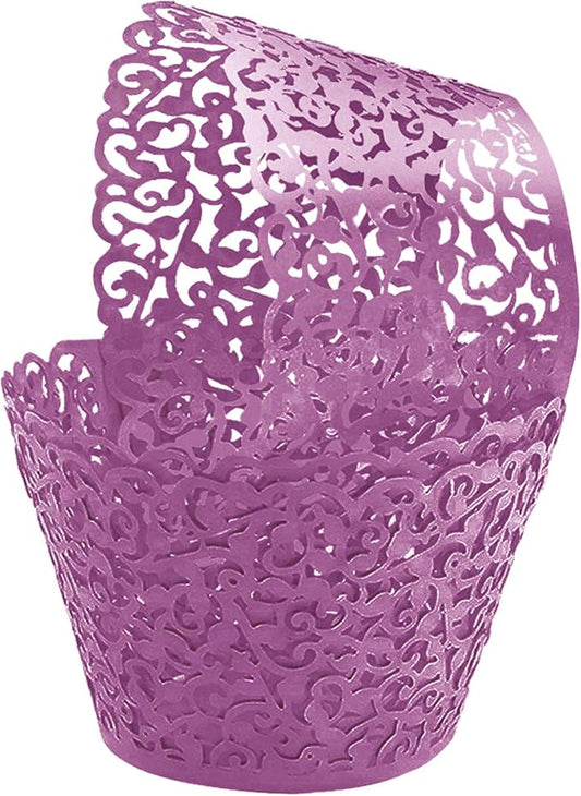 GOLF 100Pcs Cupcake Wrappers Artistic Bake Cake Paper Filigree Little Vine Lace Laser Cut Liner Baking Cup Wraps Muffin CaseTrays for Wedding Party Birthday Decoration (Purple)