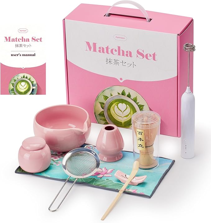 Matcha Whisk Set,9 Pcs Japanese Matcha Set Pink, Matcha Kit with Sifter, Matcha Tea Cloth, Matcha Powder Canister, Electric Rechargeable Frother(Pink)