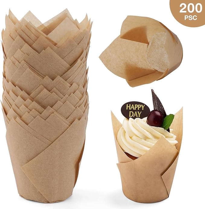 200pcs Tulip Cupcake Liners, Standard Greaseproof Paper Baking Cups Muffin Liners Holders Perfect for Bridal Showers, Baby Showers, Birthday Parties, Banquets, and Catering Events (Natural)
