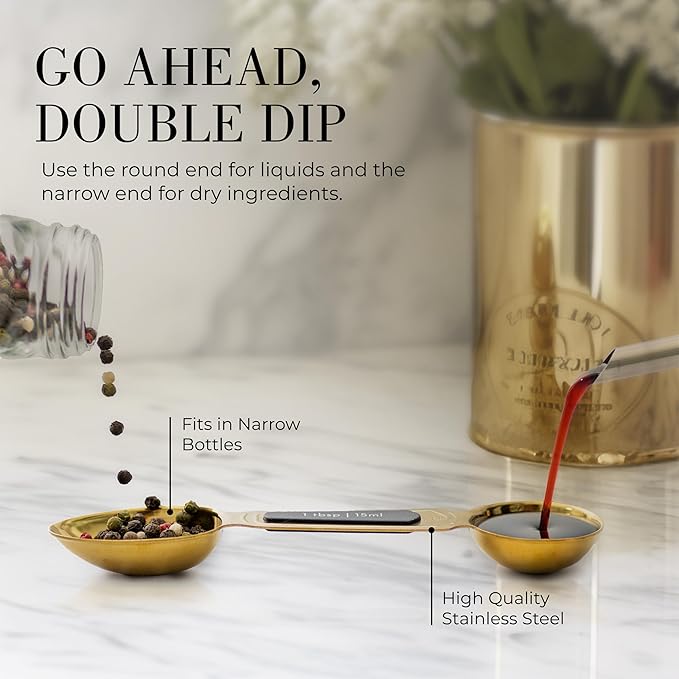 Gold Magnetic Measuring Spoons with Leveler - Featuring 8-Piece Upgraded Style, Dual-Sided, Stackable, Stainless Steel Gold Measuring Spoons Set - Fits in Spice Jars, Luxury Kitchen Accessories
