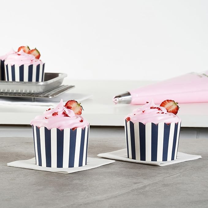 Panificio 10 Ounce Cupcake Wrappers, 200 Scalloped Baking Cups - Oven-Ready, Greaseproof, Blue Striped Paper Cupcake Liners, Disposable, For Birthdays, Baby Showers, Or Weddings - Restaurantware