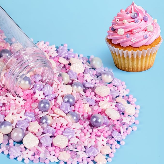 Sugarzy Edible Seashell Sprinkles for Cake Decorating,130g/4.58oz,Purple Pink Pearl Sugar Sprinkle Mix Shell,Baking Ocean Beach Candy Pearls Decorations,Perfect for Cookies,Donuts,Cupcake Topper,Birthday Holiday Party Supplies