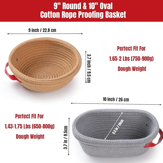Cotton Rope Bread Proofing Basket Set, Sourdough Starter Kit with Round & Oval Banneton Baskets with Liners & Covers, Dough Whisk, Bread Lame, Dough Scraper, Sling, Sourdough Bread Baking Supplies