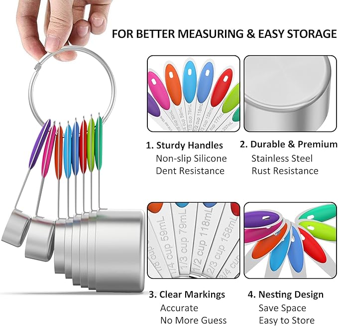 Measuring Cups and Magnetic Measuring Spoons Set, Wildone Stainless Steel 8 Measuring Cups, 7 Double Sided Stackable Magnetic Measuring Spoons, 1 Leveler & 5 Mini Spoons - 21 Piece Multicolor