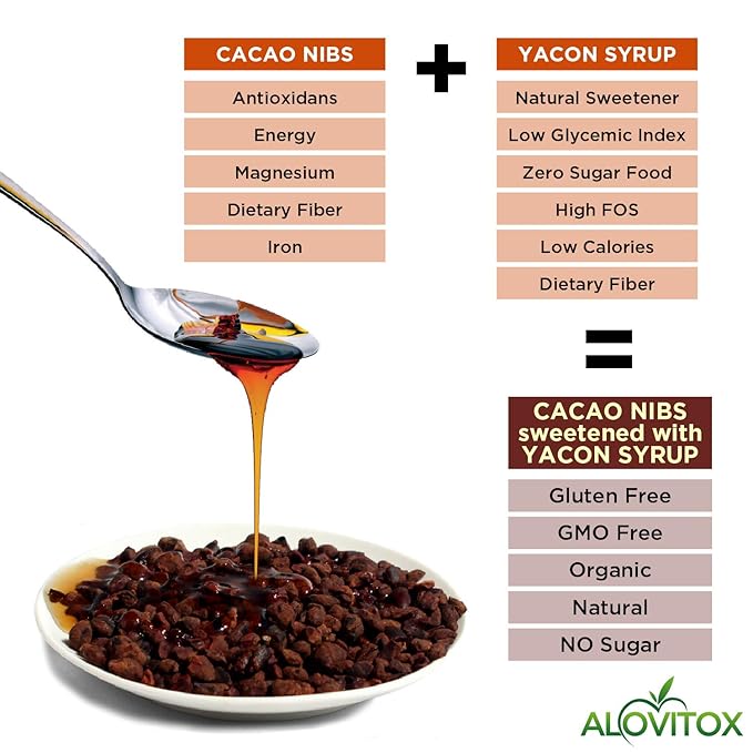 Cacao Nibs Naturally Sweetened with Yacon Syrup | Raw Organic, Sugar Free, Keto, Paleo and Vegan Friendly | Antioxidant and Protein Rich Criollo Chocolate Snack by Alovitox | 2 lb (4 x 8 oz)