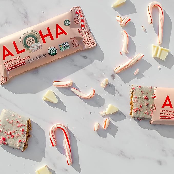 ALOHA Organic Plant Based Protein Bars - Peppermint White Chocolate, Vegan, Low Sugar, Gluten-Free, Paleo, Low Carb, Non-GMO, No Stevia, No Erythritol - LIMITED EDITION, 12 Count (Pack of 1)