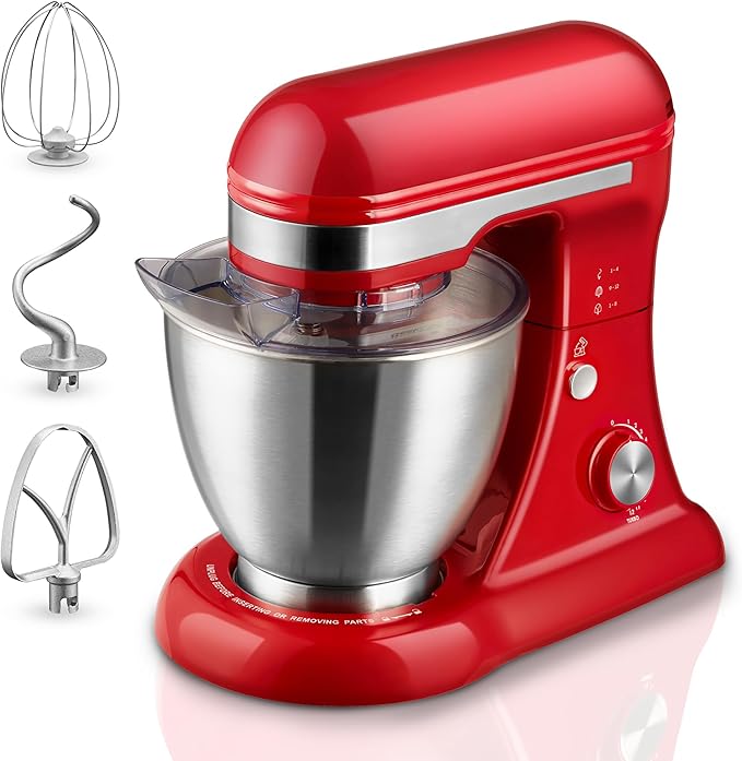 4.8QT Stand Mixer, 12-Speed Electric Kitchen Mixer with Tilt-Head, Stainless Steel Bowl, Egg Whisk, Dough Hook & Beater – Lightweight, Compact for Small Kitchens (Red)