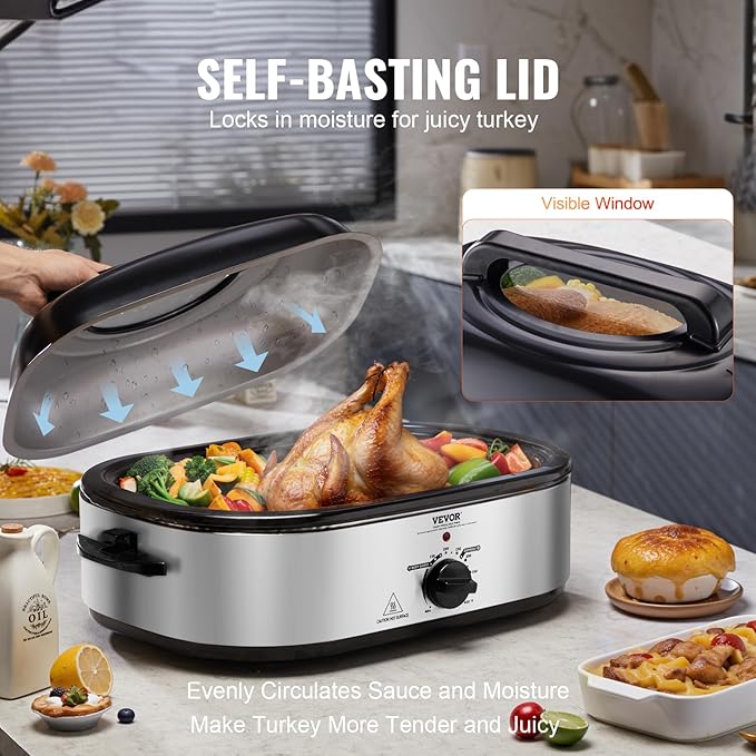 VEVOR Electric Roaster Oven with Defrost & Warm Function, 18 QT Turkey Roaster Oven with Self-Basting Lid, 1450W, Adjustable Temperature, Removable Pan & Rack, Fits Turkeys Up to 22LBS
