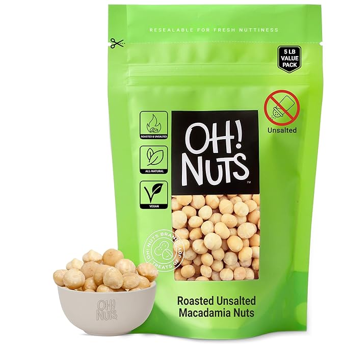 Oh! Nuts Macadamia Nuts - 5 lb - Dry Roasted Unsalted Macadamia Nuts - Oven Roasted - No Oil - Packed in New York Zip-Seal Bag for Exceptional Freshness