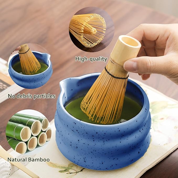 cjc 7-Pcs Matcha Whisk Set, Japanese Matcha Set: Ceramic Matcha Bowl with Spout, Bamboo Whisk & Holder, Spoon, Spoon Holder, Sifter, Tea Cloth –Complete Gift Set for Matcha Lover (Blue）