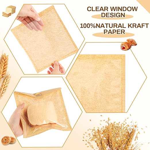 Outus 50 Pcs Cookie Packaging Bags with Seal, 7.1 x 7.5 Inch Bakery Pastry Bags with Window, Heat Sealable Grease Resistant Paper to Go Bake Sleeves for Gift Giving Donut Bread Sandwich (Brown)