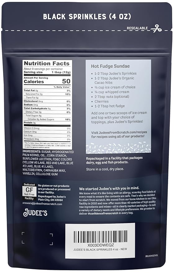 Judee's Gluten Free Black Sprinkles for Cake Decorating 4 oz - Gluten-Free, Nut-Free - Halloween Cake Sprinkles for Birthday, Baking, and Halloween Ice Cream Toppings