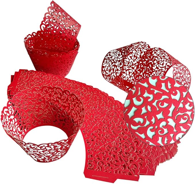 GOLF 100Pcs Christmas Cupcake Wrappers Artistic Bake Cake Paper Filigree Little Vine Lace Laser Cut Liner Baking Cup Wraps Muffin CaseTrays for Wedding Party Birthday Decoration (Red)