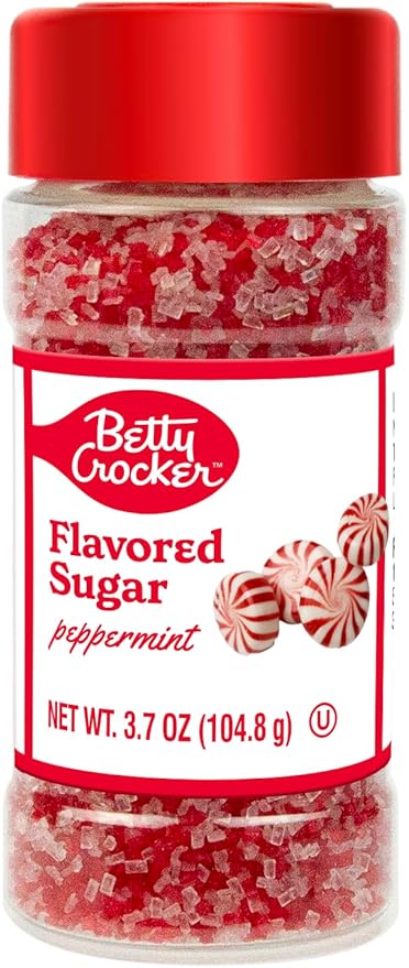 Betty Crocker Peppermint Candy Cane Flavored Sugar – Holiday Finishing Sugar Topping For Hot Chocolate, Chocolate Fudge, Drinks, and more 3.9 oz