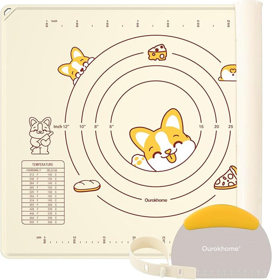 Ourokhome Silicone Baking Mat Sheet and Pastry Dough Cutter, 0.5 Inch Thick 20'' X 16" BPA free Silicone Rolling Mat, Non-Stick and Anti-Slip, Dishwasher Safe (Beige)